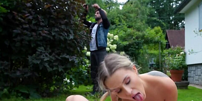 Inked blonde sucks a hard dick and fucks in the yard
