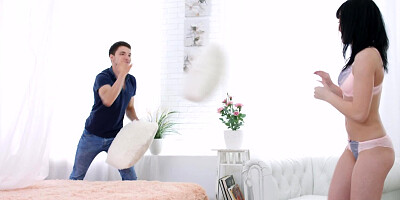 Pillow fight between lovers leads to passionate lovemaking
