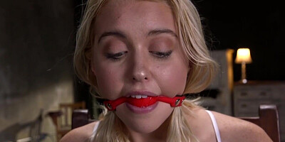 Tied blonde throat and pussy fucked