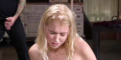 Tied blonde throat and pussy fucked