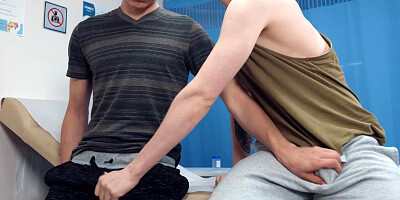 Two jocks trying to donate sperm at a clinic