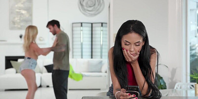 Teen babe watching stepmom fucked by bf