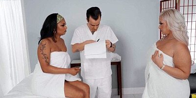 Massaged ebony MILF n GF banged in 3way by cleaning guy