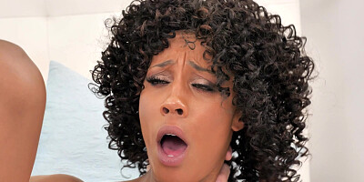 Misty Stone lying on her side gets pussy slammed
