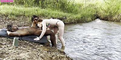 Outdoor sex sunbathing by the river I put two hot girls to suck and tore them both cumming inside