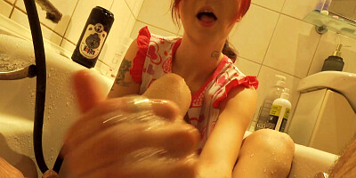 Jerking his penis with my soft pink feet