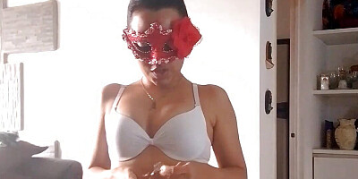 The Latin babe is in 4 and wearing sexy lingerie, masked blowjob, sucking with a lot of drool and her perfect ass