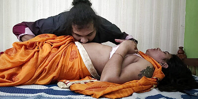 Saree and bra navel lick boobs press with pussy rub romance of Vaishnavy and Sharun Raj, Mallu couple hot saree navel romance