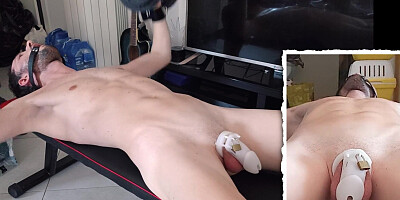 Naked submissive boy does home workout with chastity cage and mouth gag