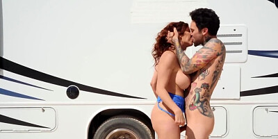 Inked stud bangs busty MILF in his RV and under the sun
