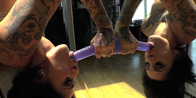 Attractive chicks deepthroat massive dildos