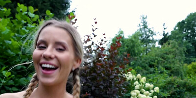 Pigtailed blonde is outdoors for POV missionary sex