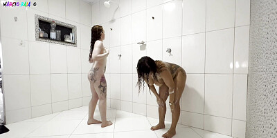 Black stepdad walks into the shower and his stepdaughter and his girlfriend without a condom