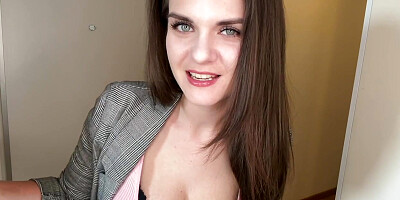 Stepmother cumming in condom while Stepson watching in office