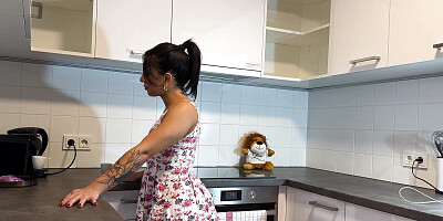 Hot Brunette Bored Wife in a Mini Modified Sun Dress to Flash her Tight Shaved Pussy in the Kitchen