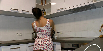 Hot Brunette Bored Wife in a Mini Modified Sun Dress to Flash her Tight Shaved Pussy in the Kitchen