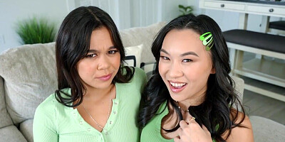 Stepsister and her Asian bestie ready to both get fucked