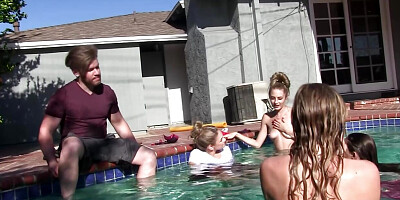Derek is getting his cock sucked by all four wet girls in the pool