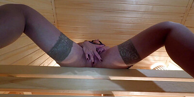 Excited Brunette in Stockings Masturbates, Sucks Dildo and Deep Fucks Her Creamy Pussy in Sauna