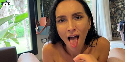 Hot MILF thanked the food delivery guy with a juicy blowjob while her husband was not in the hotel r