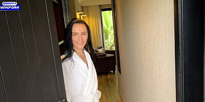 Hot MILF thanked the food delivery guy with a juicy blowjob while her husband was not in the hotel r