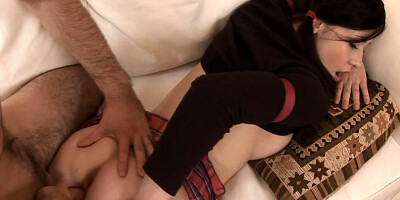 A skinny bitch that is in her skirt is fucked in her wet pussy