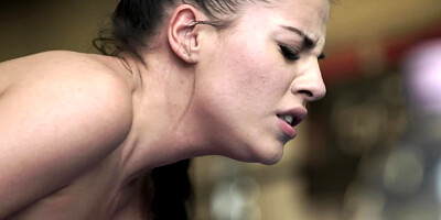 A brunette with small tits gets penetrated by a large man