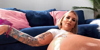 Curvaceous bombshell is oiled up and drilled till she cums