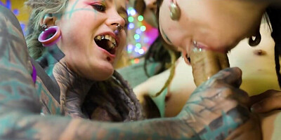 Inked slut and her bestie have intense anal threeway with friend