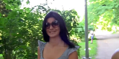 Brunette Russian girl takes money and gets stripped for guy