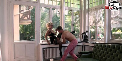 German blonde secretary with big tits in nylons fuck in office