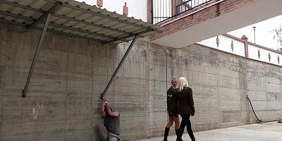 Uniformed hardcore femdom sluts dominate over guy outdoor