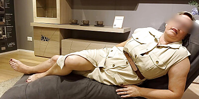 Horny Wife Masturbates Crossed Legs in a Furniture Store