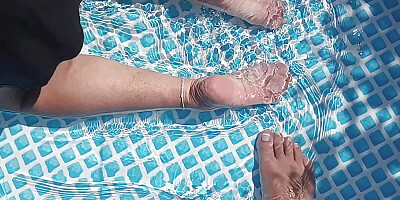 Cleaning the pool while barefoot