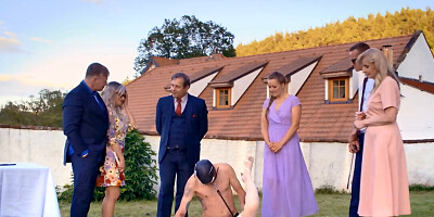 A man in a dog mask is fucking the bride while outside