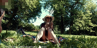 Walking without undearwear in park. Meeting with stranger. Real public