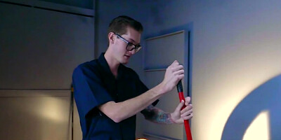 Office lady fucks the sexy, skinny and tattooed janitor