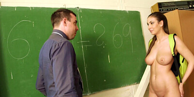 A brunette is getting her pussy licked while she is in the classroom