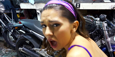 Entrancing slut gets fucked by motorcycle owner unsuspectedly