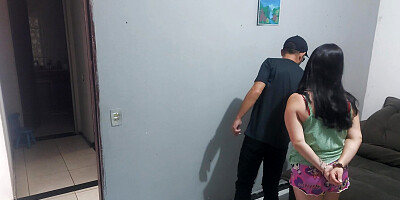 Married apprehensive about police looking for her husband, pays for freedom with her ass!