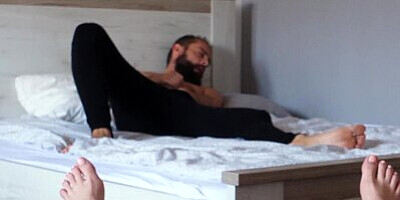 Guy jerks off in front of me and that brings my shaved tight pussy to real orgasm