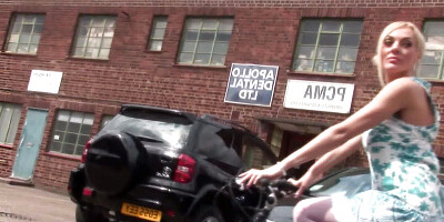 Busty blonde who drives her bike everywhere gets fucked on the floor by stud
