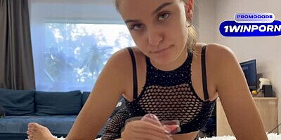 Russian babe decided to jerk off my fat dick and received a load of sperm for it