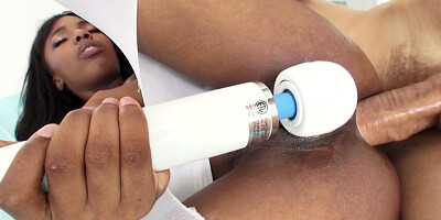 Black woman opens up her legs for cock and a vibrator