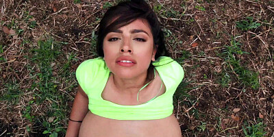 Paying a big titty slut to fuck him in the woods