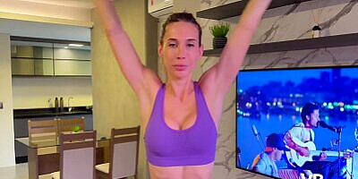 Fitness girl gets a load of cum on her workout clothes