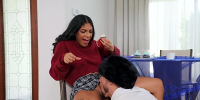 Chick excites boy with hat so much that he licks and drills her