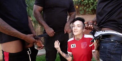 Slender cheerleader gets gangbanged by black football team