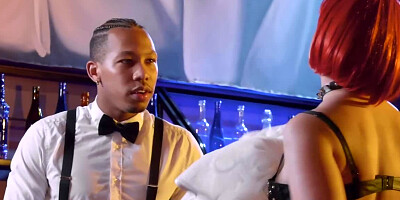 Irresistible ginger chick blows that lucky black waiter