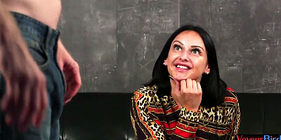 CFNM voyeur femdom teasing wanker with rope on cock